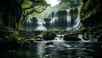 ai generiert ein Fluss fließend durch ein Wald mit moosig Felsen foto