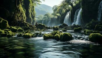 ai generiert ein Fluss fließend durch ein Wald mit moosig Felsen foto