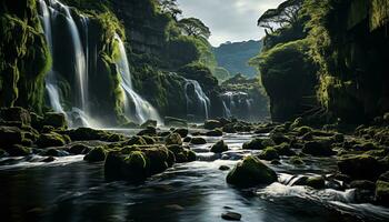 ai generiert ein Wasserfall im das Mitte von ein Wald mit Felsen und Moos foto