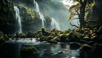 ai generiert ein Wasserfall im das Mitte von ein Wald mit Felsen und Bäume foto