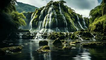 ai generiert ein Wasserfall im das Mitte von ein Wald mit Felsen und Moos foto