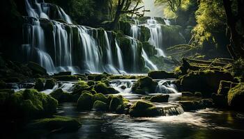 ai generiert ein Fluss fließend durch ein Wald mit moosig Felsen foto