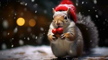 ai generiert süß Koala rot Santa Hut Hintergrund Schnee Postkarte flauschige Tiere Geschenk rot Winter Foto