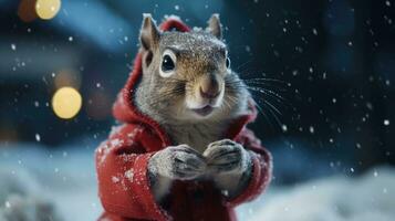 ai generiert süß Koala rot Santa Hut Hintergrund Schnee Postkarte flauschige Tiere Geschenk rot Winter Foto