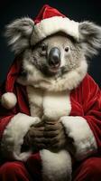 ai generiert süß Koala rot Santa Hut Hintergrund Schnee Postkarte flauschige Tiere Geschenk rot Winter Foto