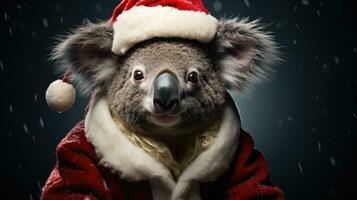 ai generiert süß Koala rot Santa Hut Hintergrund Schnee Postkarte flauschige Tiere Geschenk rot Winter Foto