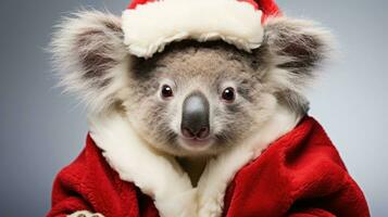 ai generiert süß Koala rot Santa Hut Hintergrund Schnee Postkarte flauschige Tiere Geschenk rot Winter Foto