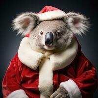 ai generiert süß Koala rot Santa Hut Hintergrund Schnee Postkarte flauschige Tiere Geschenk rot Winter Foto