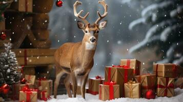 ai generiert süß Hirsch rot Santa Hut Hintergrund Schnee Postkarte flauschige Tiere Geschenk rot Winter Foto