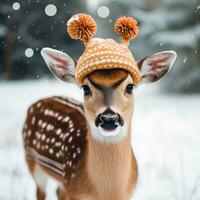 ai generiert süß Hirsch rot Santa Hut Hintergrund Schnee Postkarte flauschige Tiere Geschenk rot Winter Foto