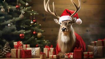 ai generiert süß Hirsch rot Santa Hut Hintergrund Schnee Postkarte flauschige Tiere Geschenk rot Winter Foto