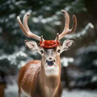 ai generiert süß Hirsch rot Santa Hut Hintergrund Schnee Postkarte flauschige Tiere Geschenk rot Winter Foto