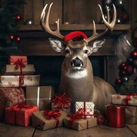 ai generiert süß Hirsch rot Santa Hut Hintergrund Schnee Postkarte flauschige Tiere Geschenk rot Winter Foto