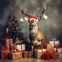 ai generiert süß Hirsch rot Santa Hut Hintergrund Schnee Postkarte flauschige Tiere Geschenk rot Winter Foto