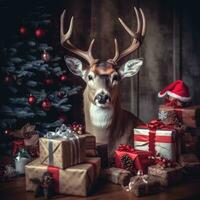 ai generiert süß Hirsch rot Santa Hut Hintergrund Schnee Postkarte flauschige Tiere Geschenk rot Winter Foto