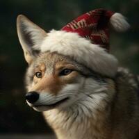 ai generiert süß Hase Hase rot Santa Hut Hintergrund Schnee Postkarte flauschige Tiere Geschenk rot Winter Foto