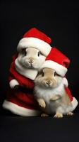 ai generiert süß Hirsch rot Santa Hut Hintergrund Schnee Postkarte flauschige Tiere Geschenk rot Winter Foto