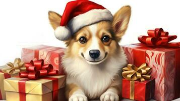 ai generiert süß Hund heiser Wolf Hündchen mit Weihnachten Geschenk Kisten Konzept Foto Poster fröhlich Geschenk rot Neu Jahr