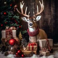 ai generiert süß Hirsch rot Santa Hut Hintergrund Schnee Postkarte flauschige Tiere Geschenk rot Winter Foto