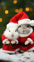 ai generiert süß Hirsch rot Santa Hut Hintergrund Schnee Postkarte flauschige Tiere Geschenk rot Winter Foto