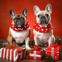 ai generiert süß Hund Hündchen mit Weihnachten Geschenk Kisten Konzept Foto Poster fröhlich Geschenk rot Neu Jahr