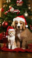 ai generiert süß Hund Hündchen Retriever mit Weihnachten Geschenk Kisten Konzept Foto Poster fröhlich Geschenk rot Neu Jahr