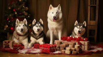 ai generiert süß Hund heiser Wolf Hündchen mit Weihnachten Geschenk Kisten Konzept Foto Poster fröhlich Geschenk rot Neu Jahr