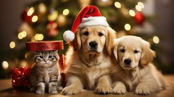 ai generiert süß Hund Hündchen Retriever mit Weihnachten Geschenk Kisten Konzept Foto Poster fröhlich Geschenk rot Neu Jahr