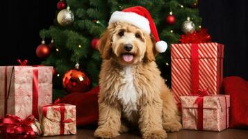 ai generiert süß Hund Hündchen Retriever mit Weihnachten Geschenk Kisten Konzept Foto Poster fröhlich Geschenk rot Neu Jahr