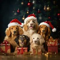 ai generiert süß Hund Hündchen Retriever mit Weihnachten Geschenk Kisten Konzept Foto Poster fröhlich Geschenk rot Neu Jahr