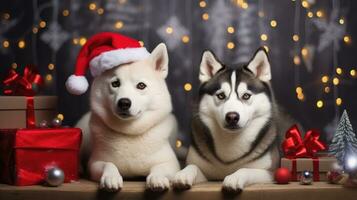 ai generiert süß Hund heiser Wolf Hündchen mit Weihnachten Geschenk Kisten Konzept Foto Poster fröhlich Geschenk rot Neu Jahr
