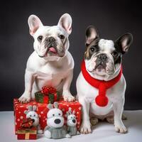ai generiert süß Hund Hündchen mit Weihnachten Geschenk Kisten Konzept Foto Poster fröhlich Geschenk rot Neu Jahr
