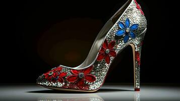 ai generiert ein hoch hochhackig Schuh mit Rot, Weiß und Blau Blumen foto