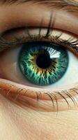 ai generiert ein schließen oben von ein Frau Auge mit ein hell schön Iris foto