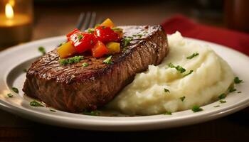 ai generiert gegrillt Steak, gekocht selten, saftig und gewürzt mit würzen generiert durch ai foto
