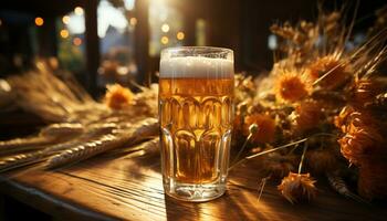 ai generiert Bier Glas auf Bar Zähler Gießen schaumig trinken beim Nacht generiert durch ai foto