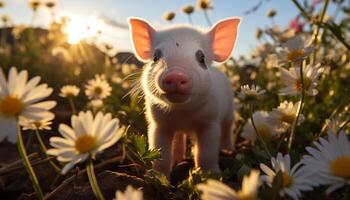 ai generiert süß Ferkel Weiden lassen auf Grün Wiese, suchen beim Gänseblümchen generiert durch ai foto