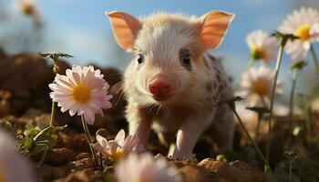 ai generiert süß Ferkel Weiden lassen auf Grün Wiese, suchen beim Gänseblümchen generiert durch ai foto