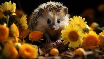 ai generiert süß Igel Sitzung auf Gras, warnen im Herbst Wald generiert durch ai foto