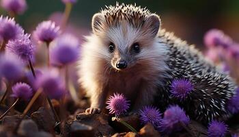 ai generiert süß Igel Sitzung auf Gras, warnen im Herbst Wald generiert durch ai foto