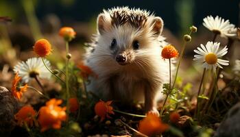 ai generiert süß Igel Sitzung auf Gras, warnen im Herbst Wald generiert durch ai foto