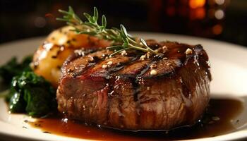ai generiert gegrillt Steak, saftig und zart, auf rustikal hölzern Teller generiert durch ai foto