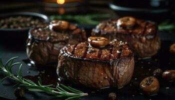 ai generiert gegrillt Steak, saftig und zart, auf rustikal hölzern Teller generiert durch ai foto