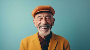 ai generiert glücklich Senior Mann auf das minimalistisch Hintergrund foto