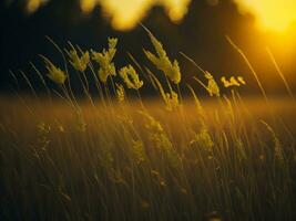 ai generiert abstrakt Sanft Fokus Sonnenuntergang Feld Landschaft von Gelb Blumen und Gras Wiese warm golden Stunde Sonnenuntergang Sonnenaufgang Zeit. still Frühling Sommer- Natur Nahansicht und verschwommen Wald Hintergrund. foto