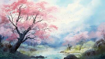 ai generiert Kirsche blühen japanisch Stil Wasser Farbe Design Hintergrund foto