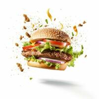 ai generiert Burger im das Luft auf Weiß Hintergrund, ai-generativ foto