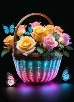 ai generiert Foto von das Korb mit Pastell- Farben Rosen und Schmetterlinge