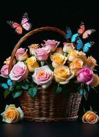 ai generiert Foto von das Korb mit Pastell- Farben Rosen und Schmetterlinge