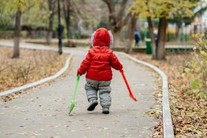 ein klein Kind mit ein Rechen und ein Schaufel Spaziergänge im das Park foto
